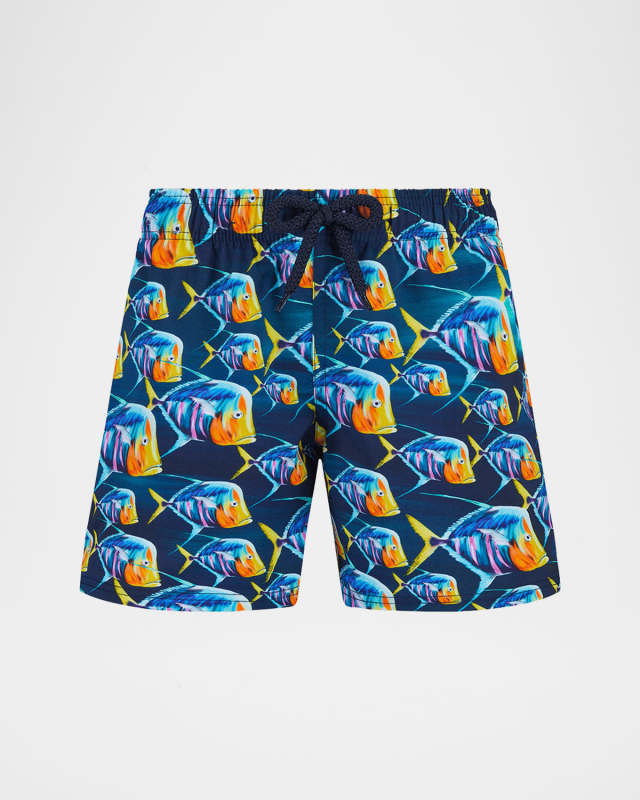 Boy's Graphic Piranha-Print Swim Shorts, Size 2-12
